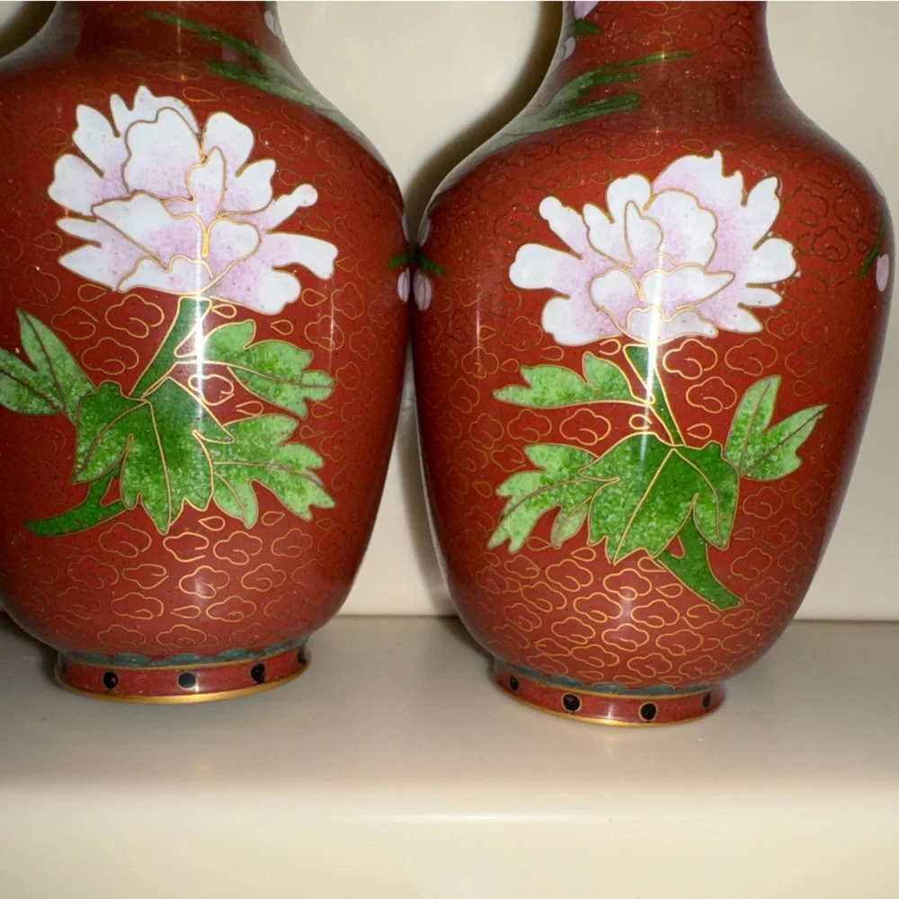 Pair Of Vintage Chinese Cloisonné Chrysanthemum Floral Vases